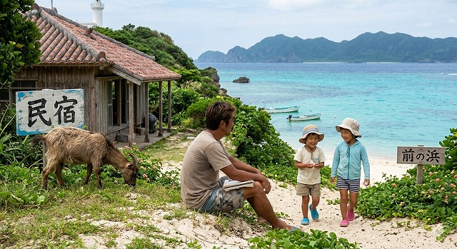 Crystal-clear ocean and quiet village on Hatoma Island, Yaeyama Islands, Okinawa, Japan